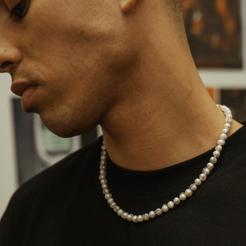 Collar de perlas reales con cadena (plata)