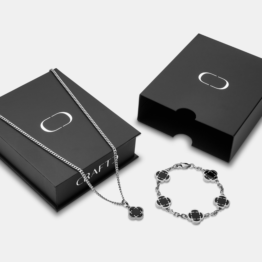 Set de regalo colgante de trébol de ónice (plata)