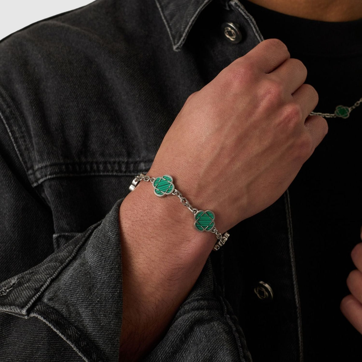 Pulsera de piedra de trébol de malaquita (plata)