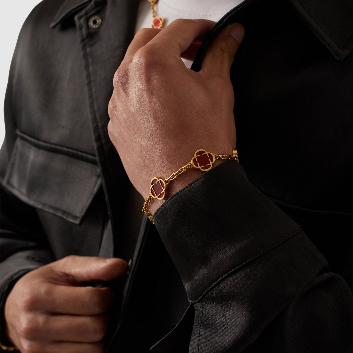 Pulsera de Piedra de Trébol Rojo (Oro)
