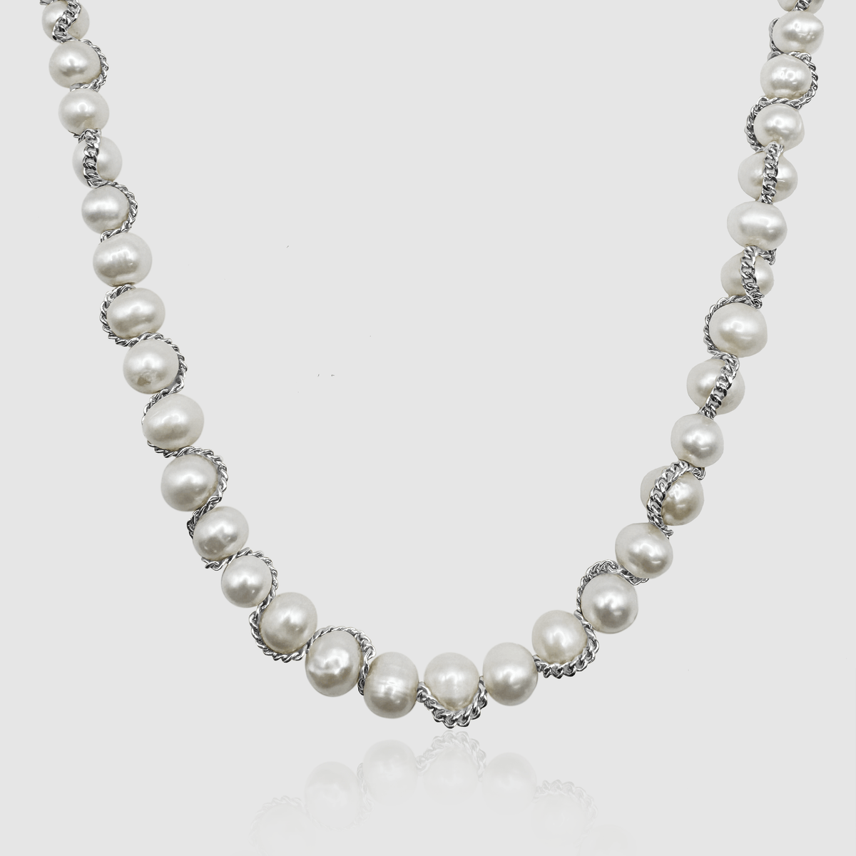 Collar de perlas reales con cadena (plata)