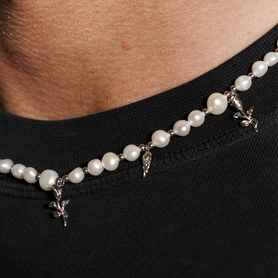 Collar de perlas reales con colgante (Plata)