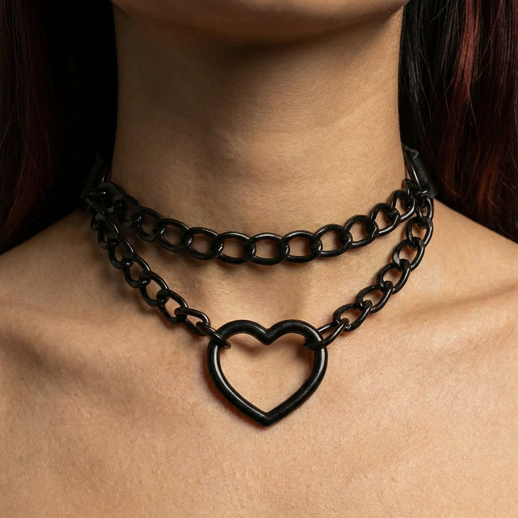 Collar de cuero con cadena y corazón