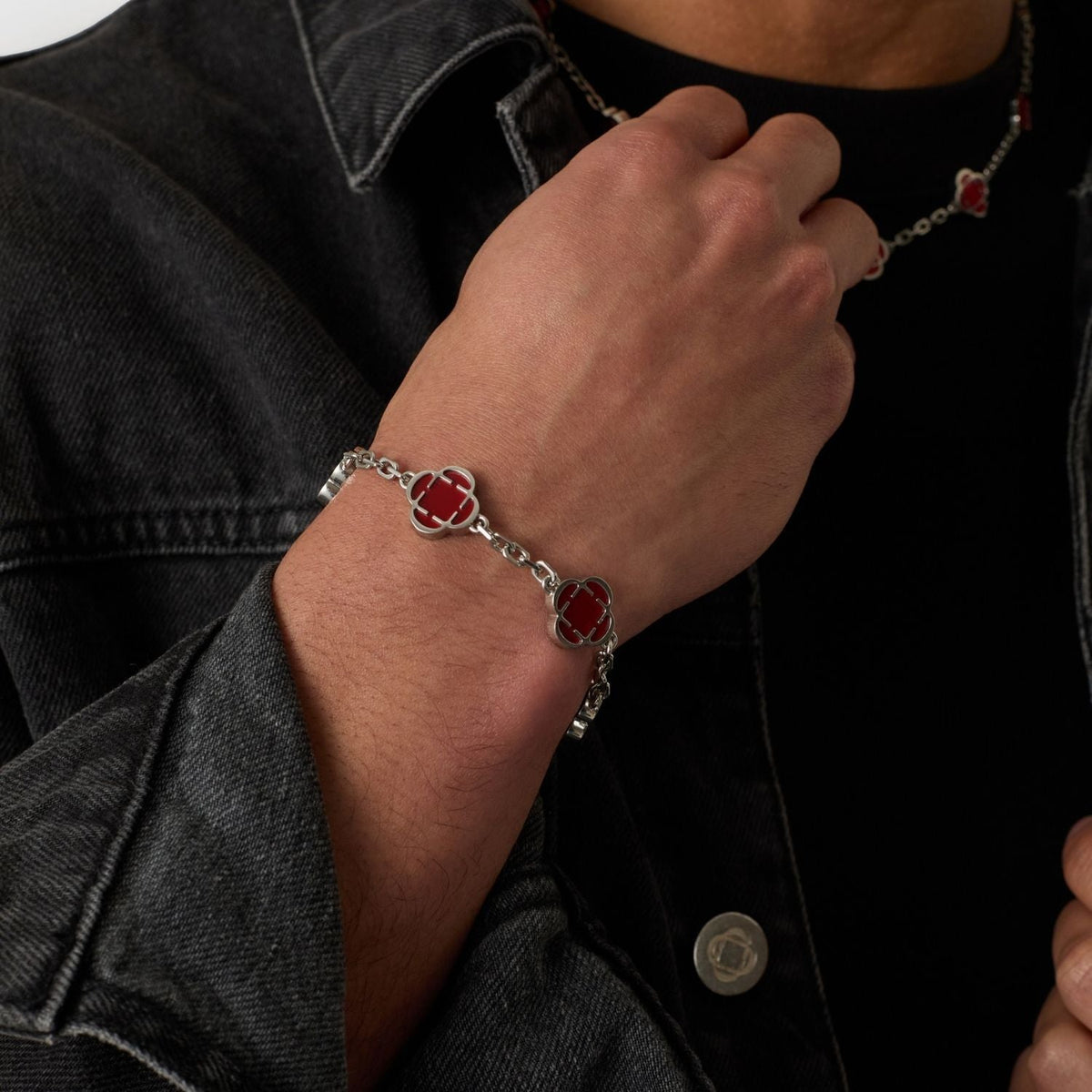 Pulsera de Piedra de Trébol Rojo (Plata)